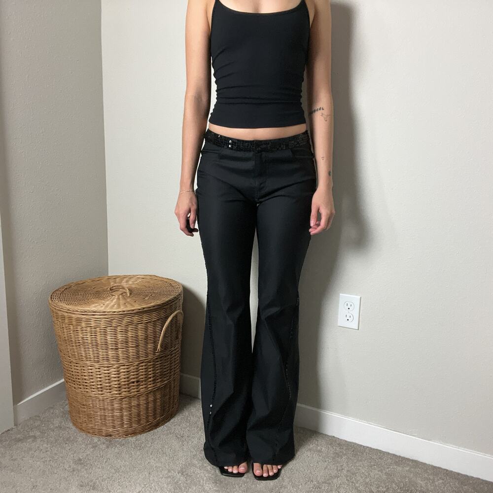 y2k dkny jeans black mid low rise sequin minimalist flared leg trousers pants